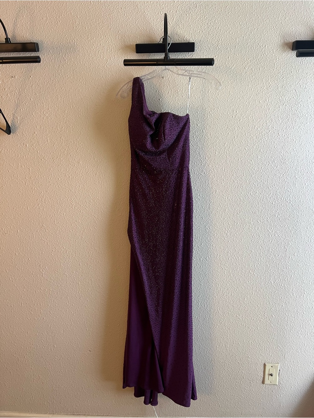 Sherri Hill One-Shoulder Purple rhinestones Evening Gown with High Slit - Picture 4 of 5